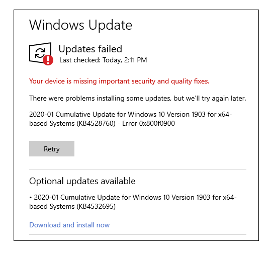 Fix: Windows Update Error Code 0x800f0900